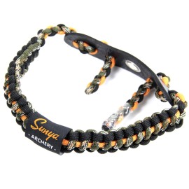 SUNYA Archery Bow Wrist Sling, 550 Paracord Strap Comfortable on Hand.100% Full Grain Leather Yoke, Multiple Camo Colors.Fit Compound Bow Stabilizer & Recurve. (Orange Stripe with Black Green Camo 15)