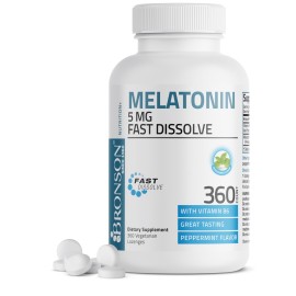 Bronson Melatonin 5mg Fast Dissolve Peppermint Tablets with Vitamin B6 - Promotes Relaxation, 360 Vegetarian Chewable Lozenges