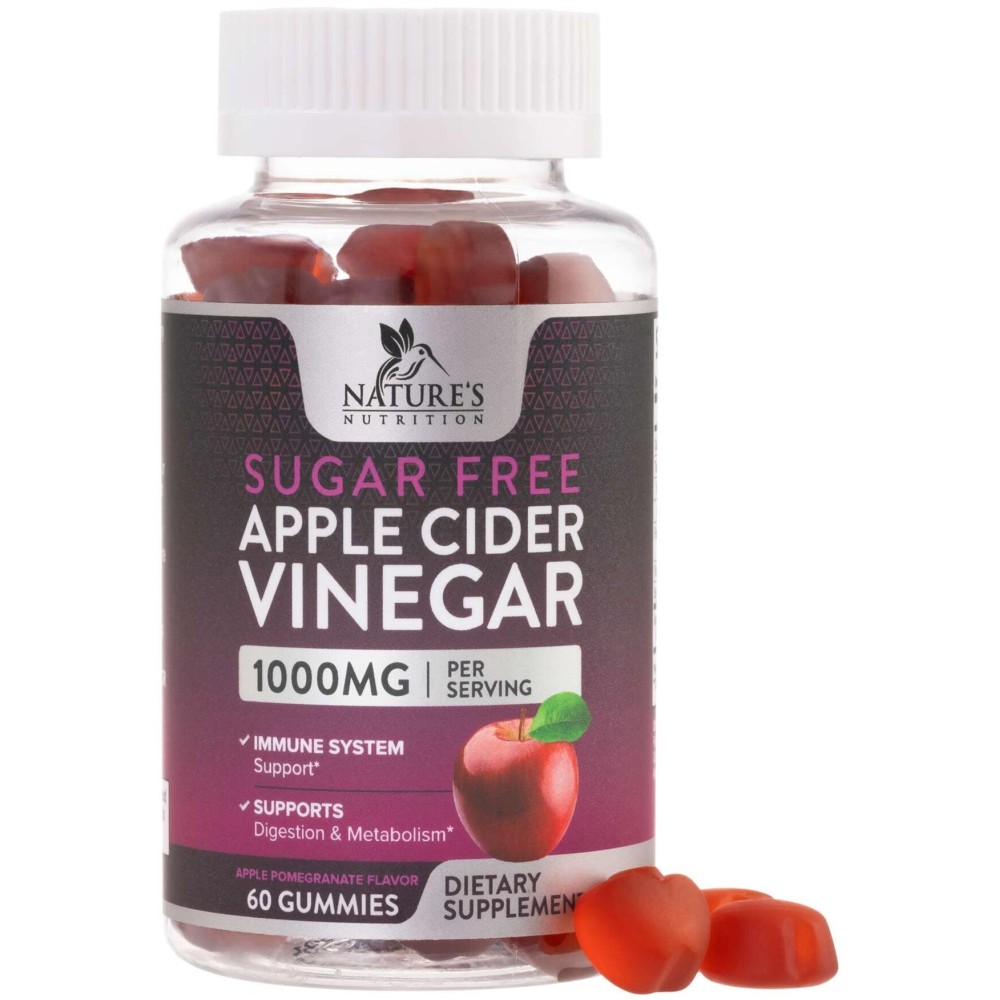 Apple Cider Vinegar Gummies for Weight Loss 1000mg - Vegan Apple Vinegar Gummy for Detox & Cleanse, ACV Supplement Pills, Vitamin B12, Sugar Free ACV Gummy, Non-GMO, Nature\'s Nutrition - 60 Gummies