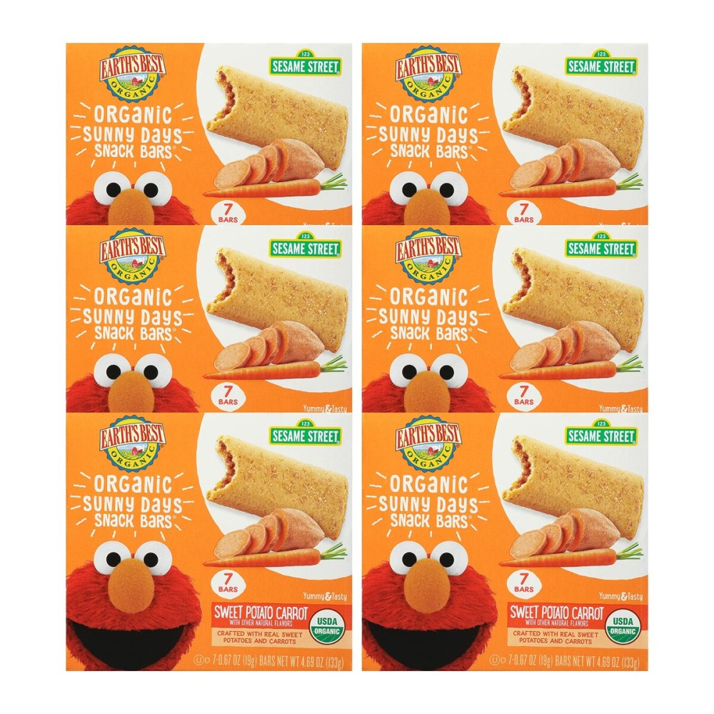 Earth\'s Best Organic Kids Snacks, Sesame Street Toddler Snacks, Organic Sunny Days Snack Bars for Toddlers 2 Years and Older, Sweet Potato and Carrot with Other Natural Flavors, 7 Bars per Box (Pack of 6)