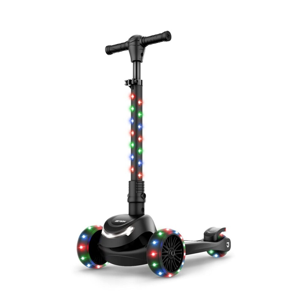 Jetson Scooters - Jupiter Mini 3 Wheel Kick Scooter (Black) - Collapsible Portable Kids Three Wheel Push Scooter - Lightweight Folding Design with High Visibility RGB Light Up LEDs on Stem and Wheels