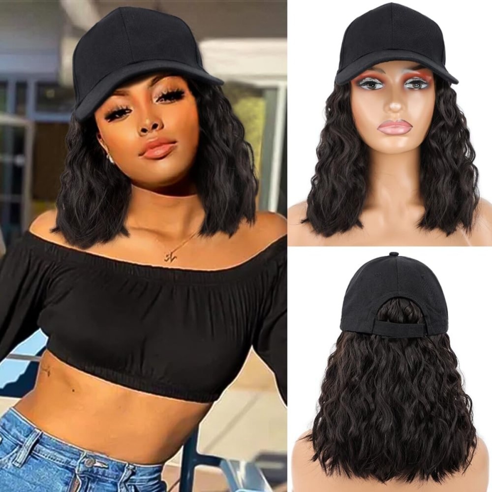 CHRSHN Hat Wig for Women Short Wave Baseball Cap Wigs with Curly Hair Extensions Wig Synthetic Wave Adjustable Brown Black Baseball Hat Wigs