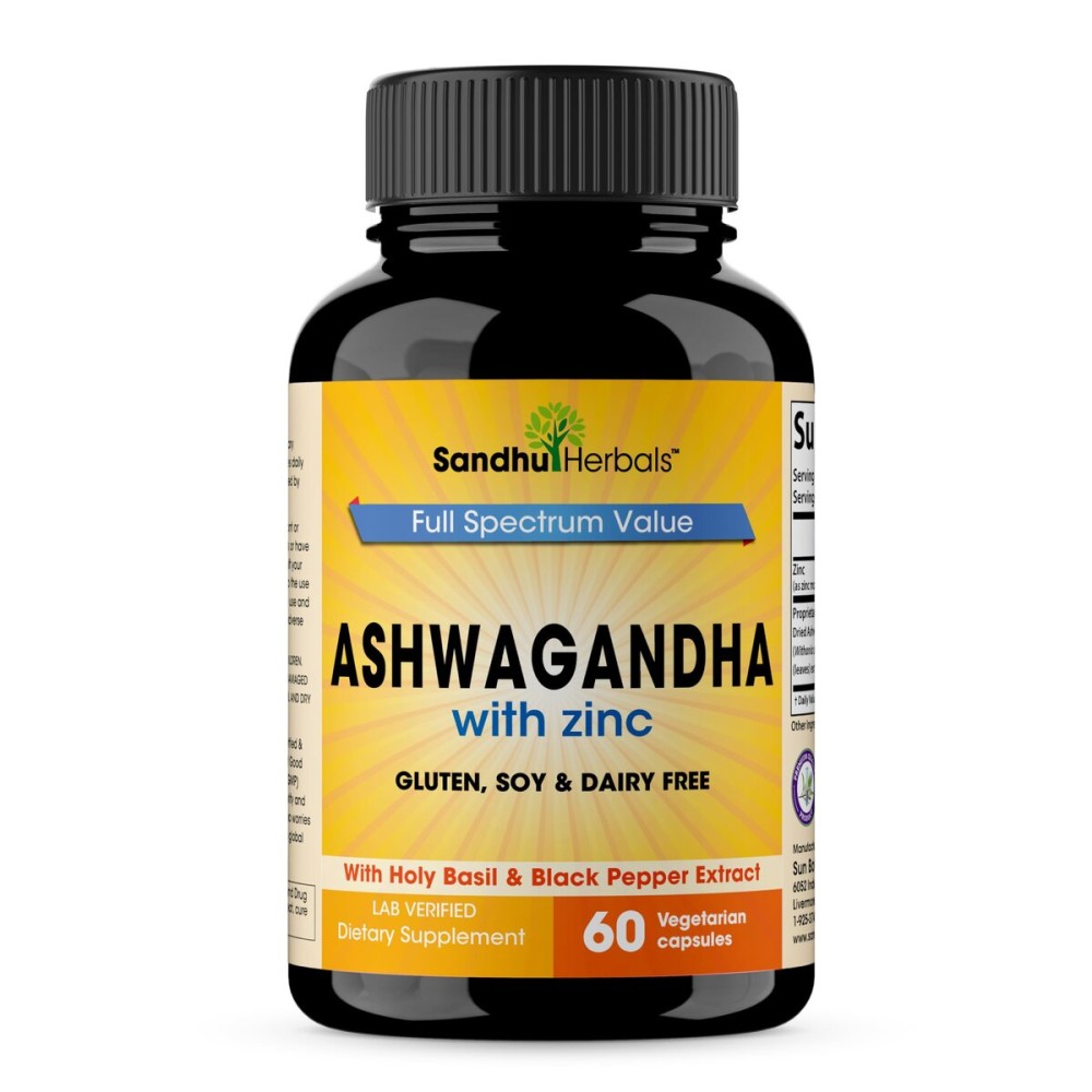 SANDHUHERBALS Ashwagandha Supplement | 60 Organic 4 in 1 Capsules, 1 Month Supply | with Zinc, Black Pepper and Holy Basil Extract | Supports Immune Health | Non-GMO