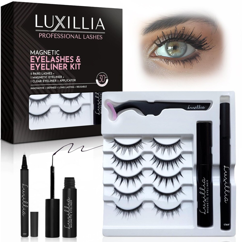 Luxillia Magnetic Eyelashes Kit - 8 Piece (Clear & Black) Magnetic Eyelash & Eyeliner Set with Applicator - Natural Look Easy Apply Reusable Fake Extension Lashes, No Glue Magnticas Naturales