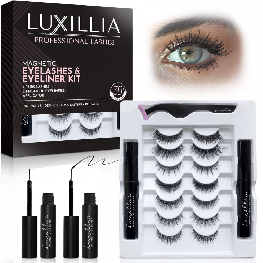 Luxillia Magnetic Eyelashes Kit - 10 Piece Magnetic Eyelash & Eyeliner Set with Applicator - Natural Look Easy Apply Reusable Fake Extension Lashes, No Glue - Pestaas Postizas Magnticas Naturales