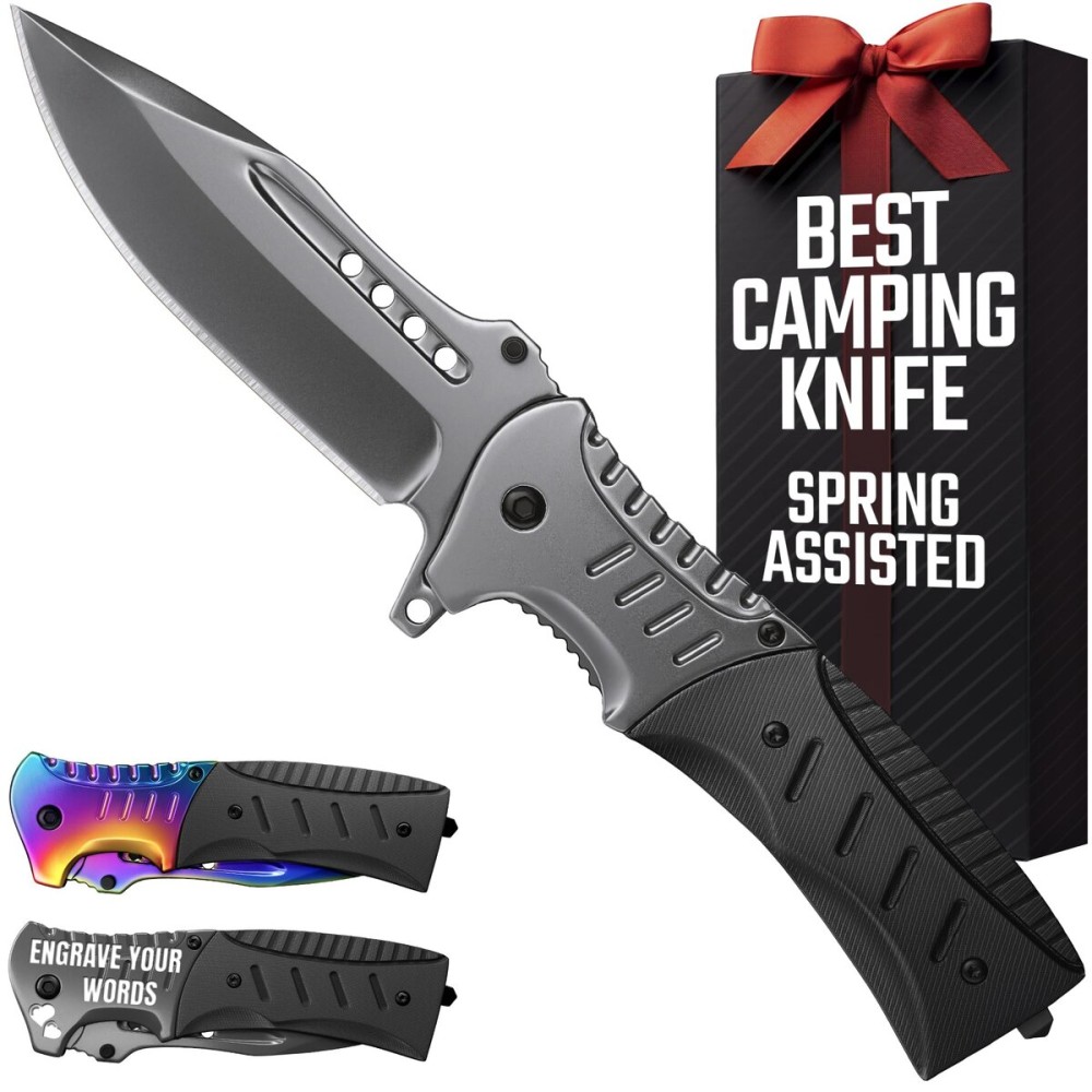 Pocket Knife for Men with Spring Assisted & Glass Breaker & Pocket Clip - 3.66 Sharp Black Blade - Tactical Folding Pocket Knives - for Hunting Camping Military Survival Hiking Work EDC 0208
