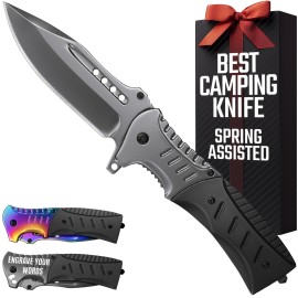 Pocket Knife for Men with Spring Assisted & Glass Breaker & Pocket Clip - 3.66 Sharp Black Blade - Tactical Folding Pocket Knives - for Hunting Camping Military Survival Hiking Work EDC 0208