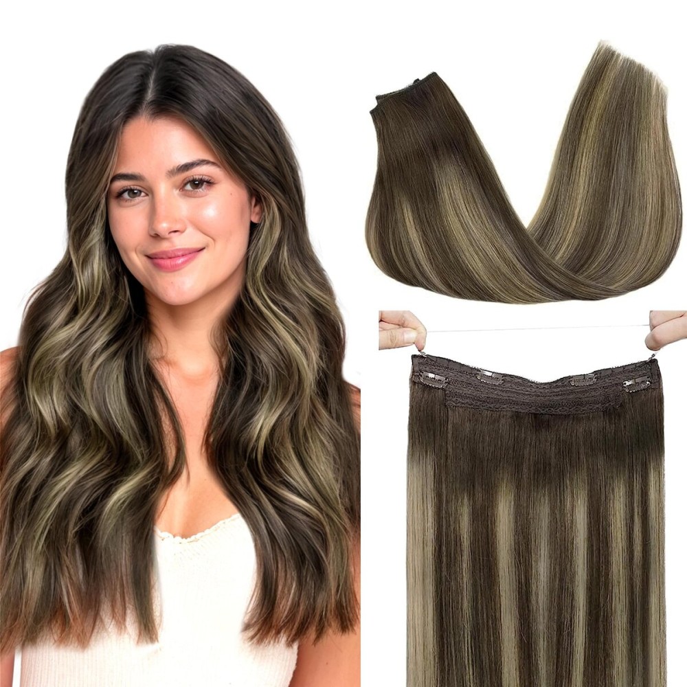 GOO GOO Wire Hair Extensions Human Hair, 4/26/4 Chocolate Brown with Honey Blonde Balayage 18inch 95g, Invisible Wire Hair Extensions with Transparent, Seamless Fish Line Hairpiece