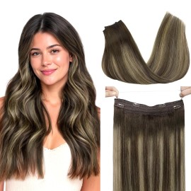 GOO GOO Wire Hair Extensions Human Hair, 4/26/4 Chocolate Brown with Honey Blonde Balayage 18inch 95g, Invisible Wire Hair Extensions with Transparent, Seamless Fish Line Hairpiece