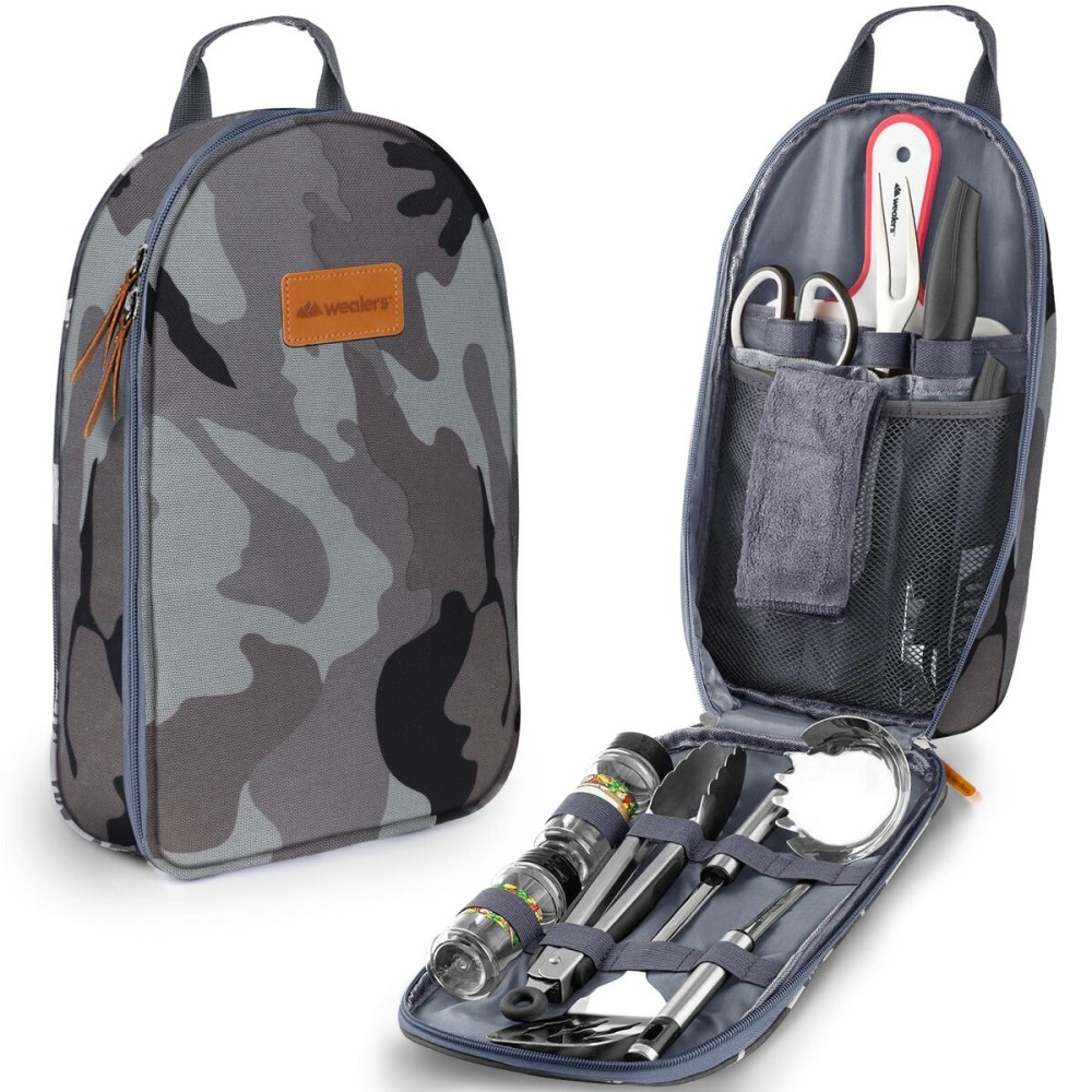 12 Piece Camp Kitchen Cooking Utensil Set Travel Organizer Grill Accessories Portable Compact Gear for Backpacking BBQ Camping Hiking Travel Cookware Kit Water Resistant Case (Grey)