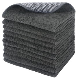 SINLAND Microfiber Dish Cloths Wash Clothes for Kitchen Best Kitchen Cloths Cleaning Cloth Poly Scour Side 12x12 (10Pack, Dark Grey)