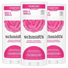 Schmidt\'s Aluminum Free Natural Deodorant for Women and Men, Rose + Vanilla with 24 Hour Odor Protection, Certified Cruelty Free, Vegan Deodorant, 3.25 Ounce (Pack of 3)