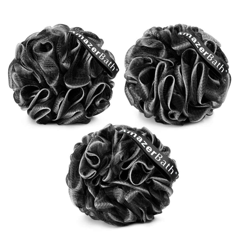 AmazerBath Loofah Sponge, Shower Loofah for Men and Women - Body Scrubber Loofa Set of 3 Classic Black & White Edge, Bath Sponge 60g/PCS