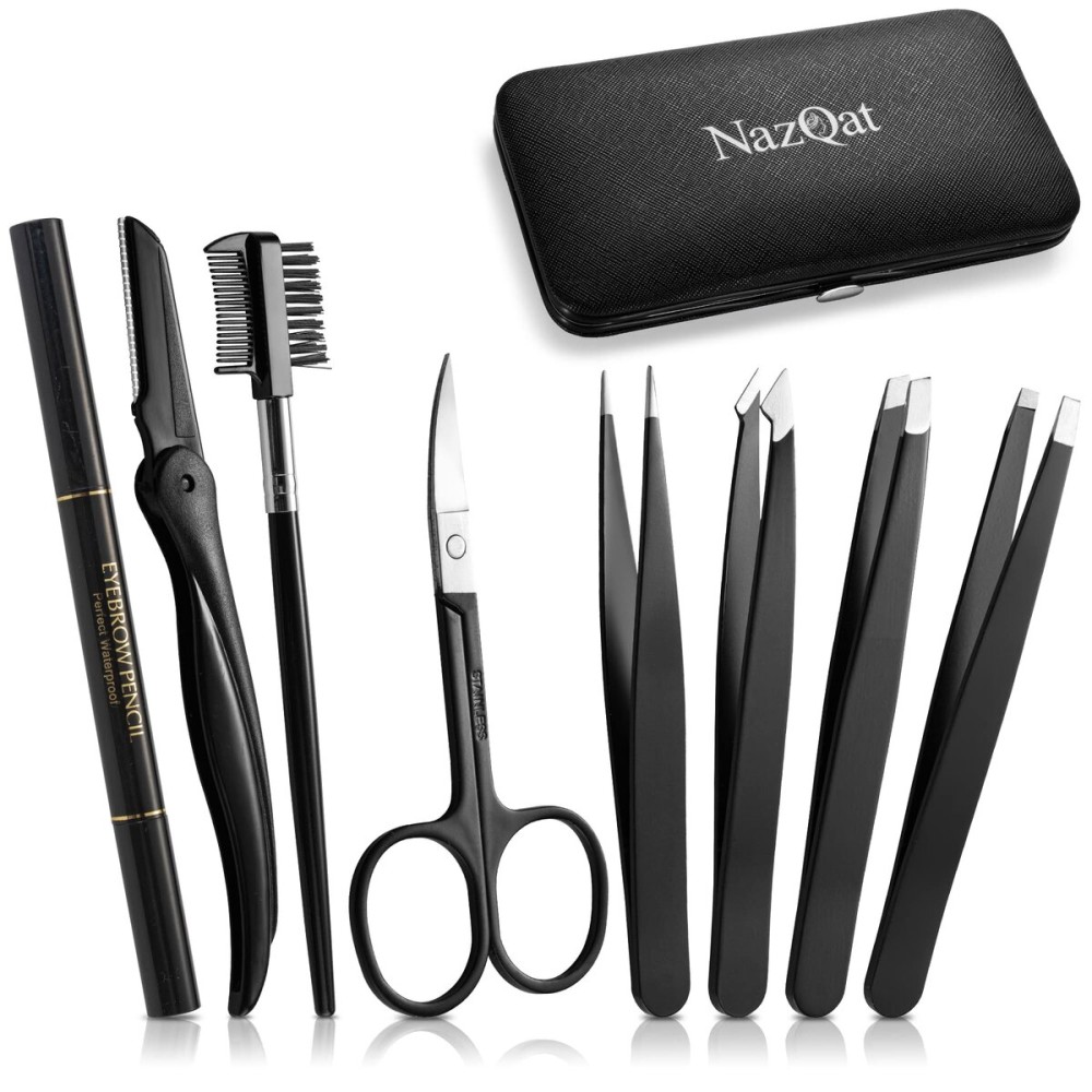 Exquisite 8-in-1 Eyebrow Kit for Women & Men - Luxury Eyebrow Grooming Kit with 4 Precision Tweezers For Eyebrows, Eyebrow Razor, Eyebrow Scissors, Eyebrow Brush/Comb & Pencil with Padded Case