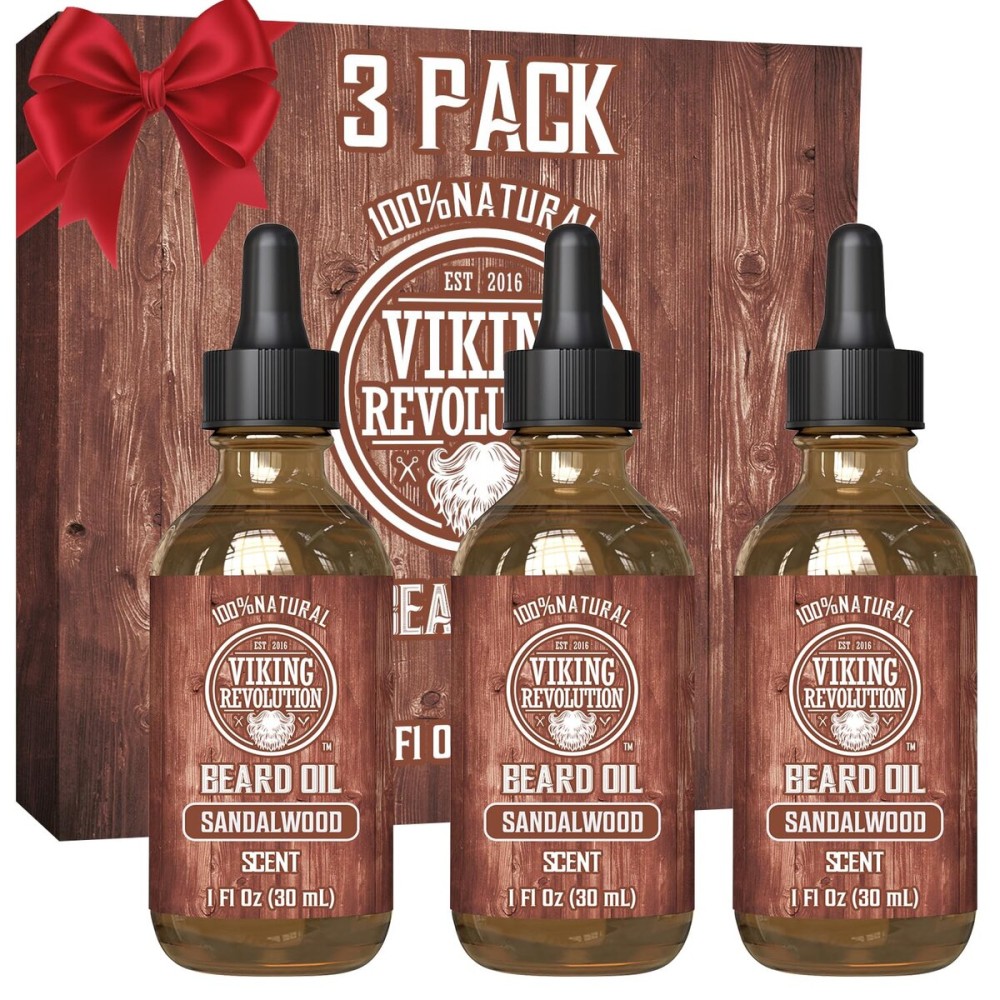 Viking Revolution Sandalwood Beard Oil for Men - Natural Mens Beard Oil with Argan Oil and Jojoba Oil - Beard Softener, Strengthens and Moisturizes - Beard Conditioner for Men (Sandalwood, 3 Pack)