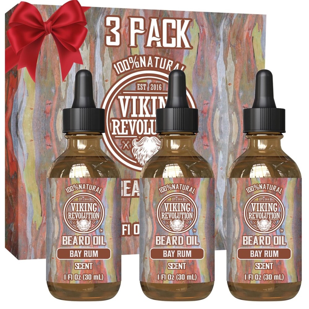 Viking Revolution Bay Rum Beard Oil for Men - Natural Argan and Jojoba Oil Blend for Softening, Strengthening, and Moisturizing Beards (3 Pack)