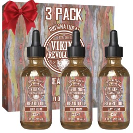 Viking Revolution Bay Rum Beard Oil for Men - Natural Argan and Jojoba Oil Blend for Softening, Strengthening, and Moisturizing Beards (3 Pack)