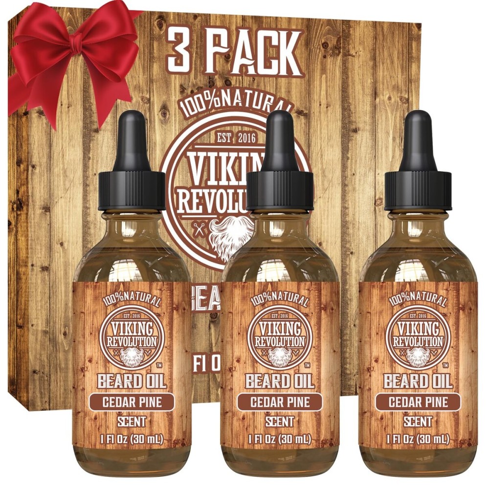 Viking Revolution Men\'s Beard Oil - Natural Argan and Jojoba Blend, Softens and Strengthens Facial Hair (Cedar and Pine, 3 Pack)