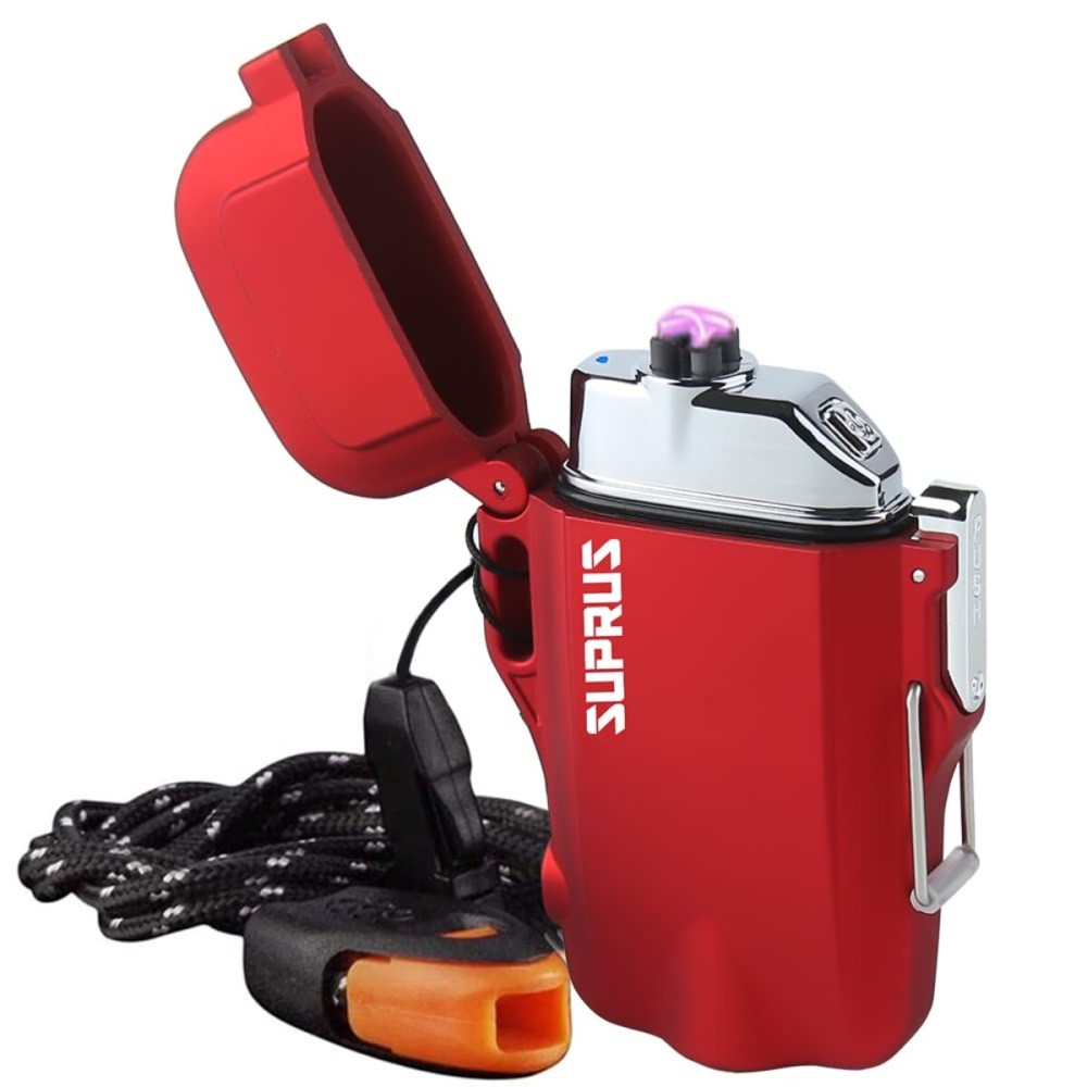 SUPRUS Waterproof 3 Modes of Flashlight Windproof Lighter Dual Arc Electric Rechargeable Dual Arc Plasma Lighters with Survival Emergency Whistle and Lanyard