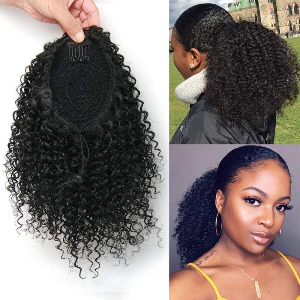 Short Afro Kinky Curly Ponytail Hair Piece for African American Ponytail Extension Synthetic Afro Kinky Curly Ponytail for Women (Black(1B))