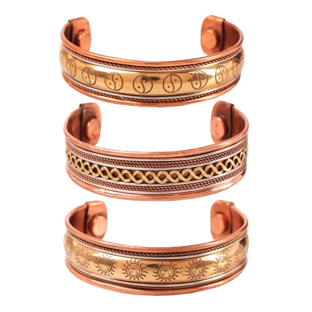 Touchstone copper bracelets | gift for men women |adjustable 100% pure solid real magnetic jewelry | handmade bracelet set combo | rope braided tibetan bangles. Set of 3 different designs