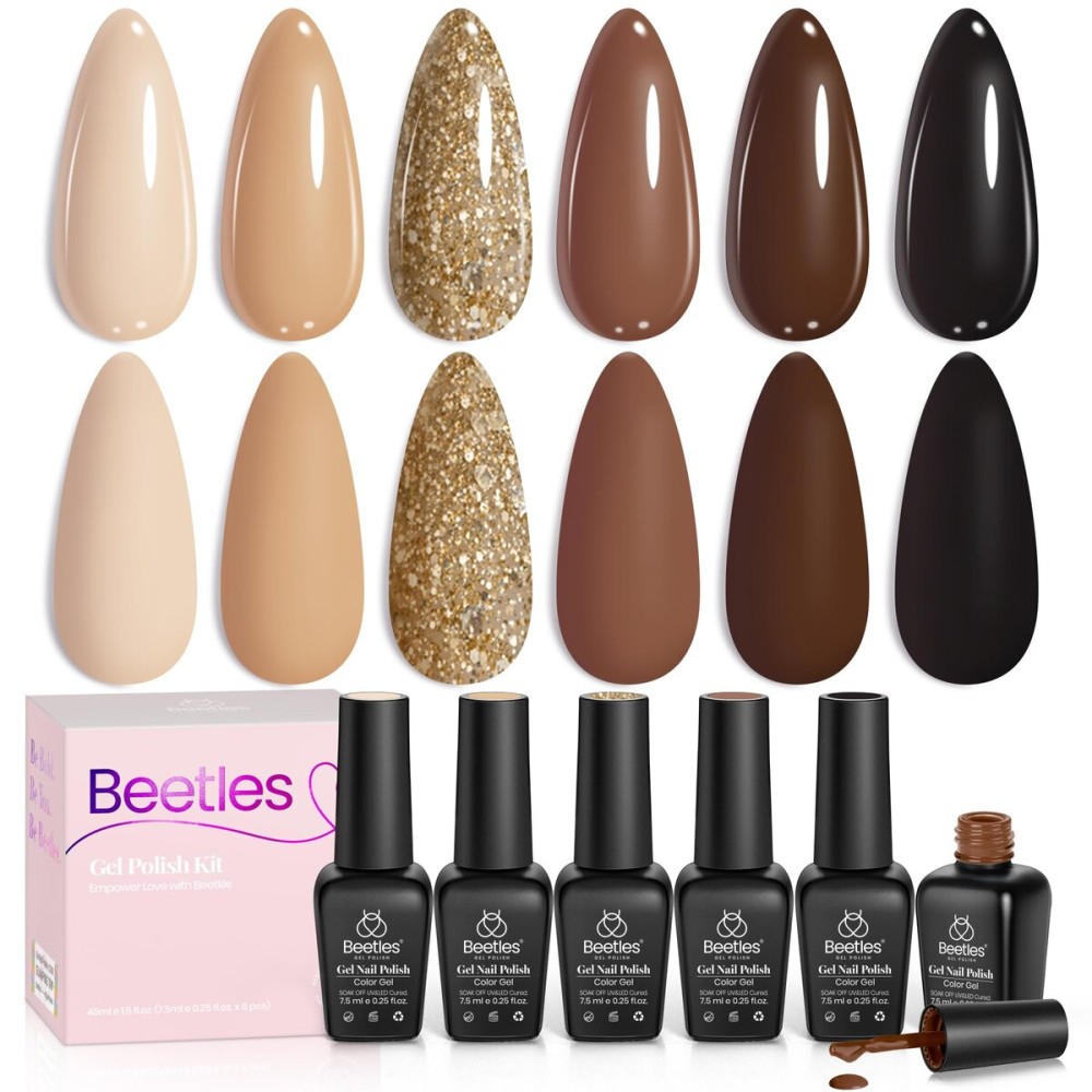 Beetles Brown Gel Polish - 6 Colors Nude Brown Neutral Beige Khaki Glitter Gold Gel Nail Polish Set Roasted Chestnuts Collection Uv Gel Nail Art Manicure