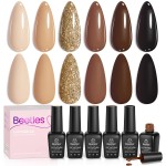 Beetles Brown Gel Polish - 6 Colors Nude Brown Neutral Beige Khaki Glitter Gold Gel Nail Polish Set Roasted Chestnuts Collection Uv Gel Nail Art Manicure