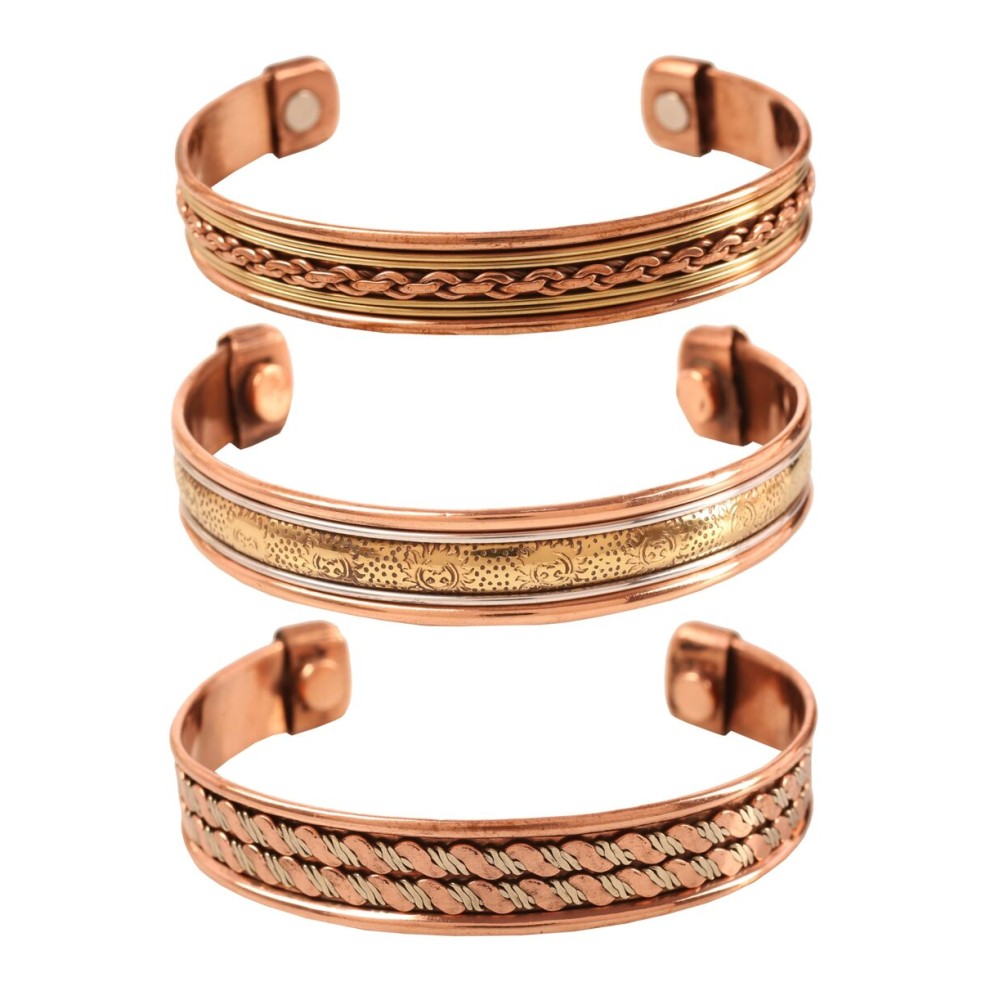 Touchstone copper bracelets | gift for men women |adjustable 100% pure solid real magnetic jewelry | handmade bracelet set combo | rope braided tibetan bangles. Set of 3 different designs