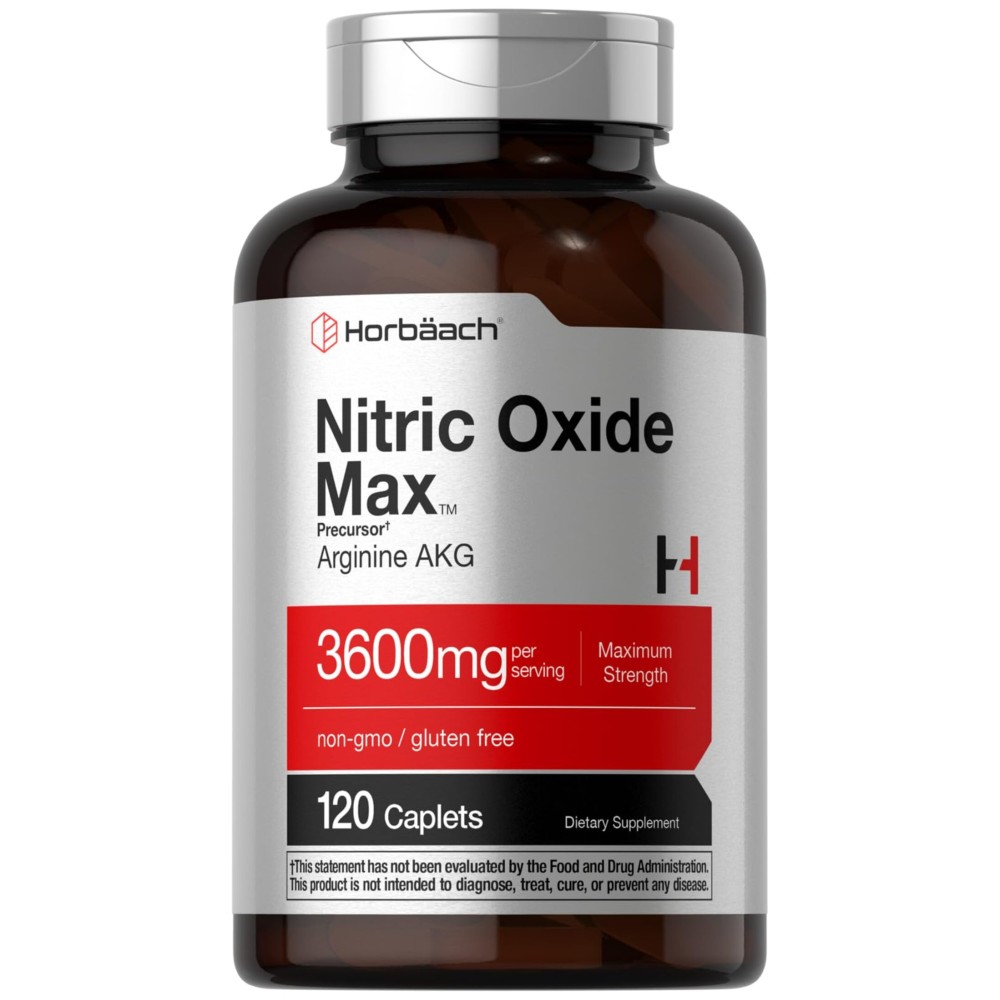 Horbach Nitric Oxide Max 3600mg | 120 Caplets | with Arginine AAKG for Men and Women | Vegetarian, Non-GMO, & Gluten Free Pre Workout Supplement