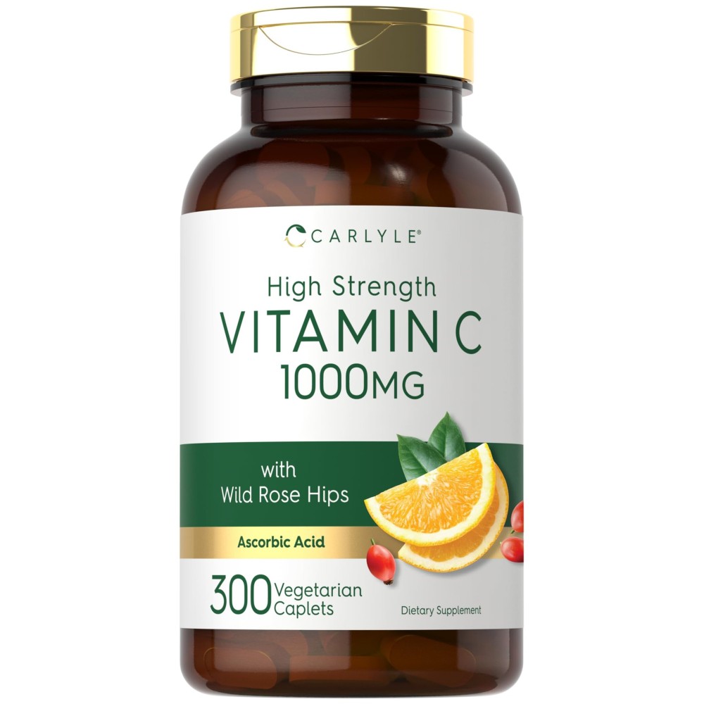 Carlyle Vitamin C 1000mg | 300 Vegetarian Caplets | Ascorbic Acid with Wild Rose Hips | High Strength Formula | Non-GMO and Gluten Free Supplement