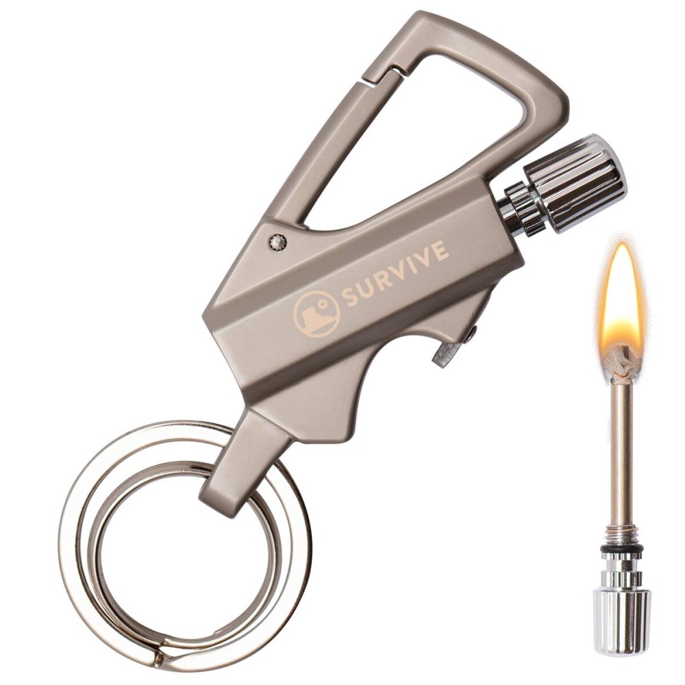 SURVIVE Permanent Match Bottle Opener Metal Keychain, Reusable Survival Fire Starter Striker Lighter, Emergency Waterproof Strike Anywhere Stick Kit (Silver)