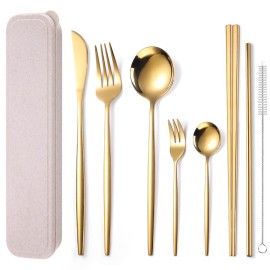 AARAINBOW 8 Pieces Stainless Steel Flatware Set Portable Reusable Cutlery Set Travel Utensils Set Including Chopsticks Knife Fork Spoon Straws Cleaning Brush Dishwasher Safe (Golden)