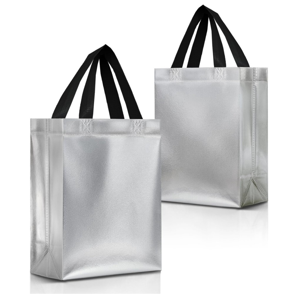 Nush Nush Silver Gift Bags Medium Size - Set of 12 Reusable Gift Bags with Handles - Perfect Goodie Bag for Birthday Party Favors, Christmas, Thanksgiving, Wedding, Baby Shower, Return Gifts - 8X4X10
