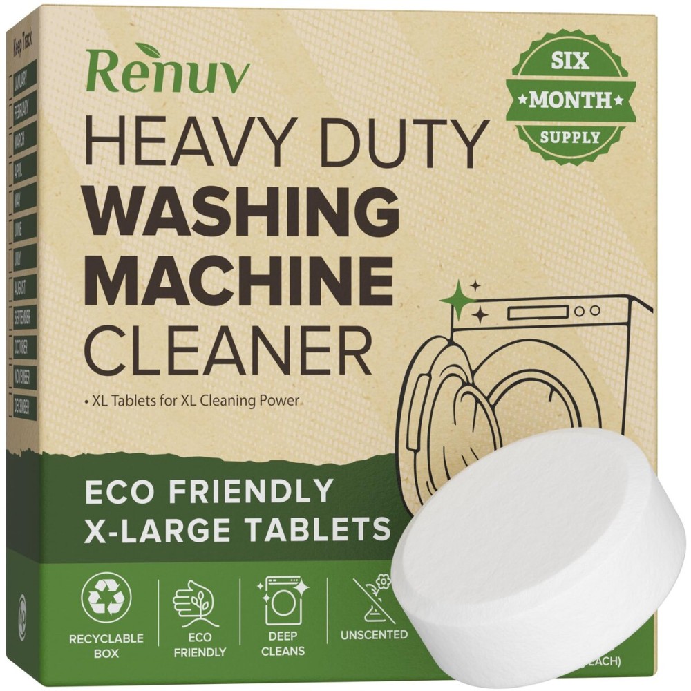Renuv Heavy Duty Washing Machine Cleaner Descaler Tablets - for Front Load, Top Load Washer, HE (6 XL Tablets - 6 Months Supply)