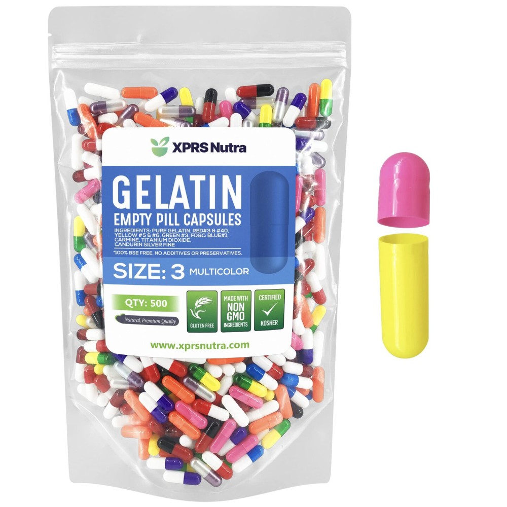 XPRS Nutra Size 3 Empty Capsules - 500 Count Empty Gelatin Capsules - Pills DIY Capsule Filling - Pure Bovine Pill Gel Caps Fillable Do-It-Yourself Vitamins and Supplements (Multi Color)