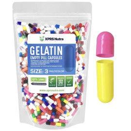 XPRS Nutra Size 3 Empty Capsules - 1000 Count Empty Gelatin Capsules - Pills DIY Capsule Filling - Pure Bovine Pill Gel Caps Fillable Do-It-Yourself Vitamins and Supplements (Multi Color)