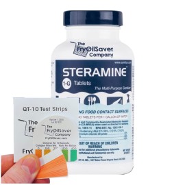 1 Bottle Steramine Sanitizer Tablets w/15x QT-10 Test Strips - Multi Purpose Steramine Sanitizing Tablets for Food Contact Surface, Kitchen, Restaurant, Food Service by FryOilSaver (150 Count)