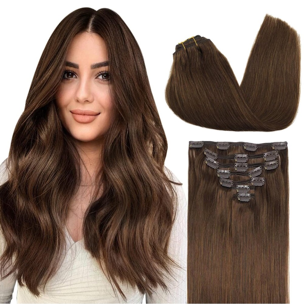 GOO GOO Clip in Hair Extensions Real Human Hair, Remy Human Hair Extensions Clip ins for Women, Natural Human Hair, 14inch 120g 7Pcs, 4A Chocolate Brown