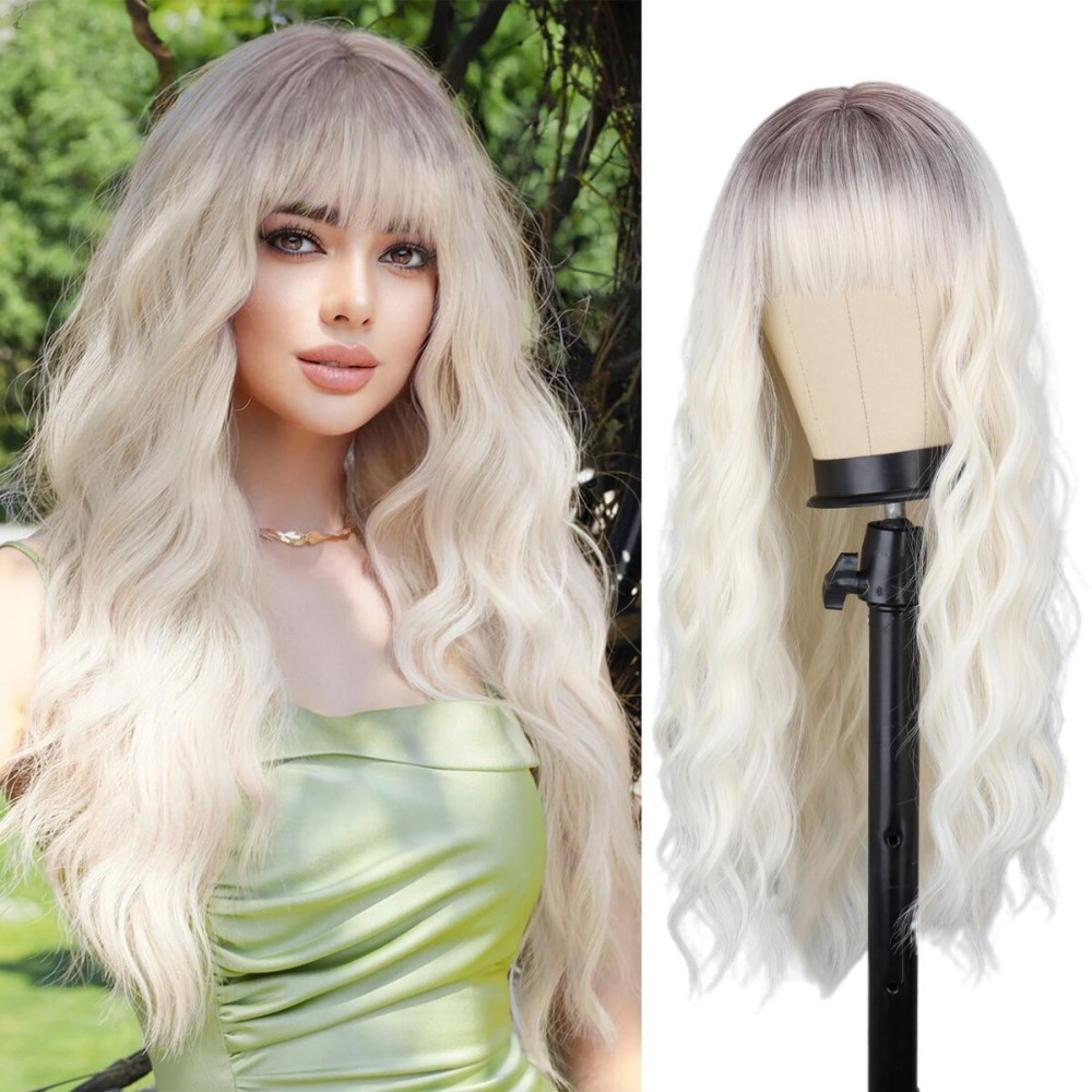 MERISIHAIR Ombre Platinum Blonde Wig with Bangs, Long Platinum Blonde Wigs for Women,Synthetic Long Platinum White Wig Dark Roots Daily Use Hair for Halloween Cosplay (Platinum Blonde)