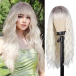 MERISIHAIR Ombre Platinum Blonde Wig with Bangs, Long Platinum Blonde Wigs for Women,Synthetic Long Platinum White Wig Dark Roots Daily Use Hair for Halloween Cosplay (Platinum Blonde)