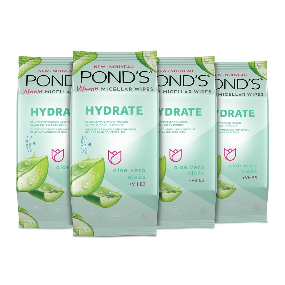 POND\'S Vitamin Micellar Makeup Remover Wipes for Dry Skin, Skin Care Hydrating Aloe Vera Daily Face Wipes Remove Dirt, Waterproof Makeup, 25 Count, 4 Pack