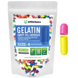 XPRS Nutra Size 4 Empty Capsules - 100 Count Small Empty Gelatin Capsules - Pills DIY Capsule Filling - Fillable Pure Bovine Pill Gel Caps for Do-It-Yourself Supplements (Multi Color)