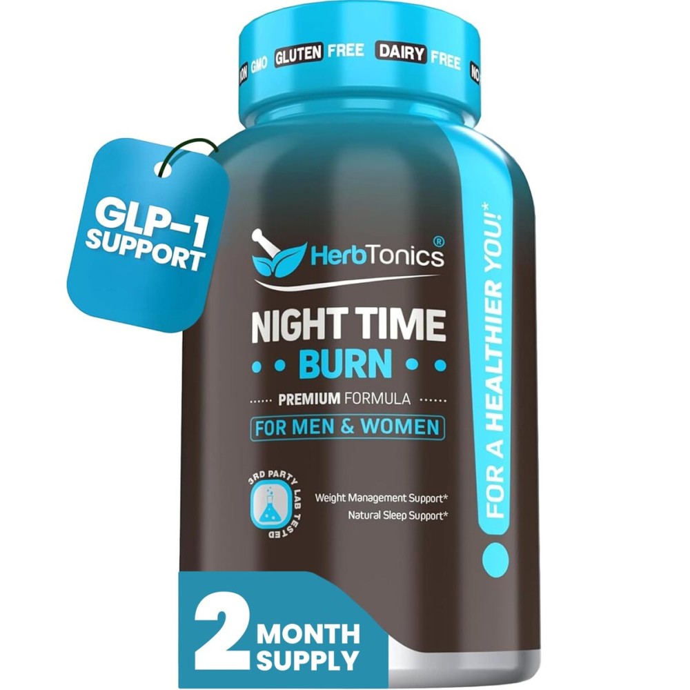 Herbtonics Night Time Burn & Sleep Complex Supports Overnight Metabolism, Stress Relief & Deep Sleep. Includes Melatonin, Valerian and Green Tea - Vegan Bedtime Weight Management (60 Capsules)