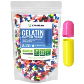 XPRS Nutra Size 4 Empty Capsules - 500 Count Small Empty Gelatin Capsules - Pills DIY Capsule Filling - Fillable Pure Bovine Pill Gel Caps for Do-It-Yourself Supplements (Multi Color)
