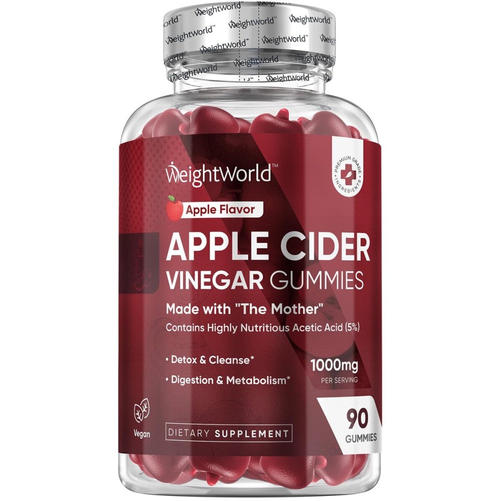 WeightWorld Apple Cider Vinegar Gummies with The Mother 1000mg - 90 Gummies - Added Vitamin B6, B12, B9 (Folic Acid) & C for Detox, Cleanse, Digestion & Metabolism - Delicious Natural Apple Flavor