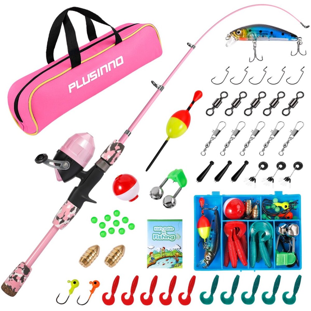PLUSINNO Kids Fishing Pole with Spincast Reel Telescopic Fishing Rod Combo Full Kits for Boys, Girls, and Adults (Pink, 150cm 59.05In)