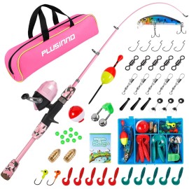 PLUSINNO Kids Fishing Pole with Spincast Reel Telescopic Fishing Rod Combo Full Kits for Boys, Girls, and Adults (Pink, 150cm 59.05In)