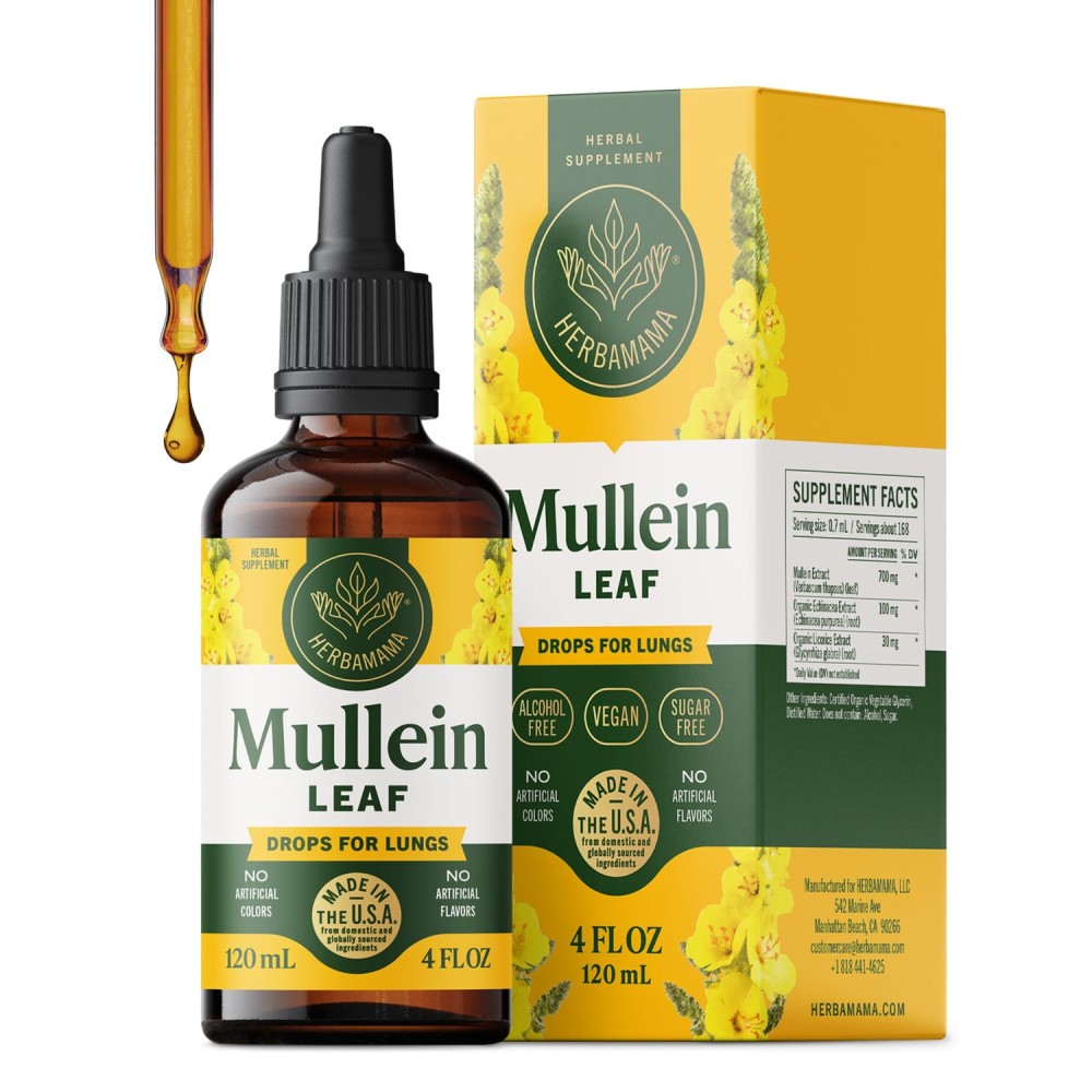 HERBAMAMA Mullein Drops for Lungs - Vegan Lung Cleanse with Mullein Leaf Extract, Echinacea Tincture & Licorice - Non-GMO, Alcohol & Sugar-Free Respiratory Support Supplement - 56-Day Supply