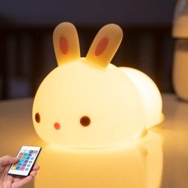 One Fire Bunny Toys for Kids Night Light for Kids with Remote, 16 Colors+5 Brightness Cute Lamp, Soft Silicone Baby Night Light, 1200mAh Portable Dimmable Touch Lamps, Kawaii Room Decor