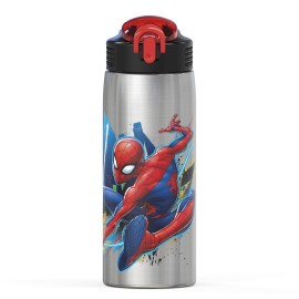 Zak Designs 27oz Marvel 18/8 Single Wall Stainless Steel Water Bottle with Flip-up Straw and Locking Spout Cover, Durable Cup for Sports or Travel (27oz, Spider-Man)